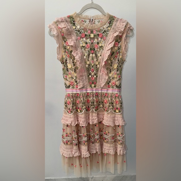 Needle & Thread Lattice Rose Mini Dress In Blush, Size‎ 4 - Picture 4 of 12